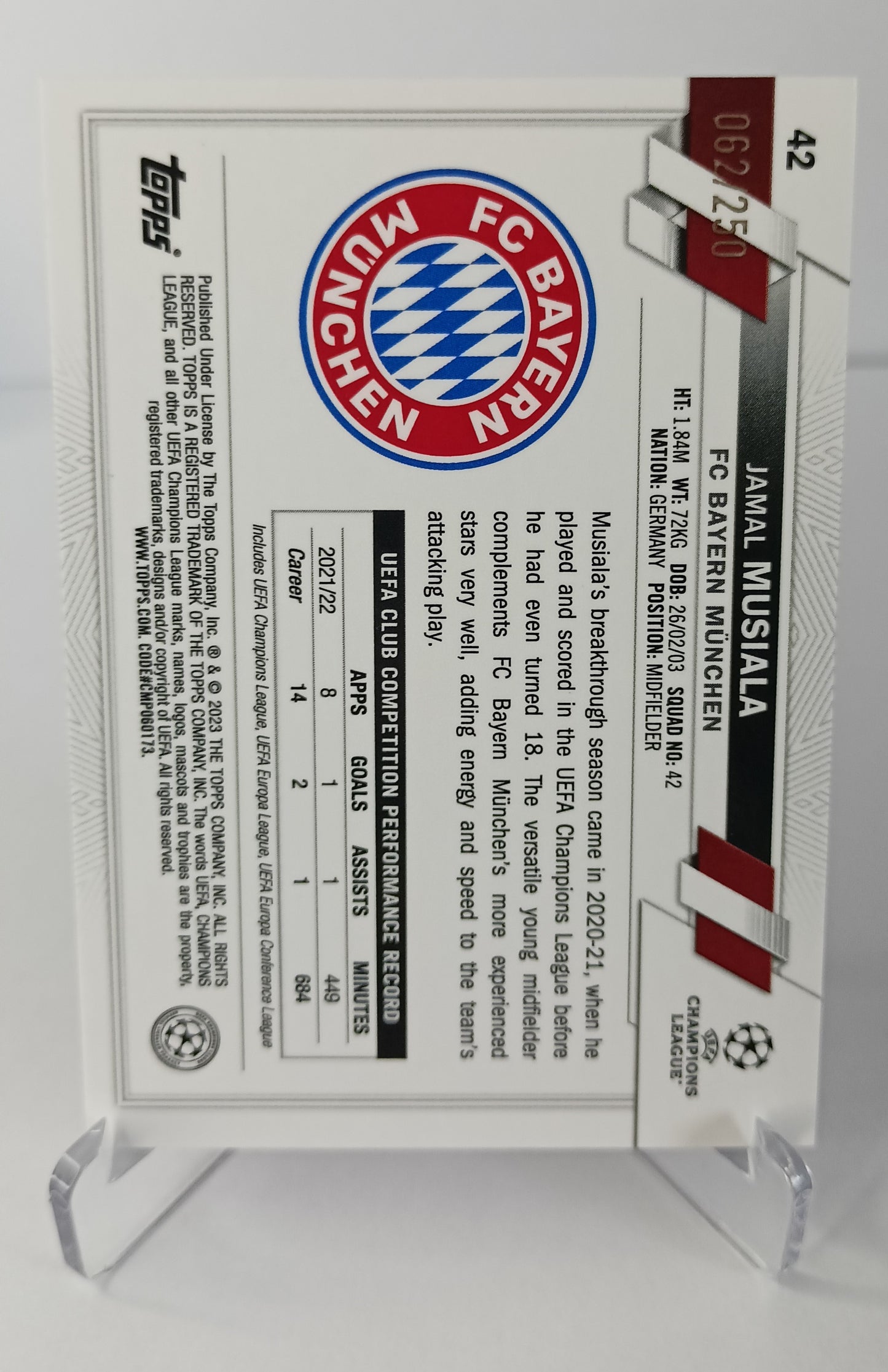 Jamal Musiala /250 Topps Chrome 2022-23 F.C Bayern Munchen