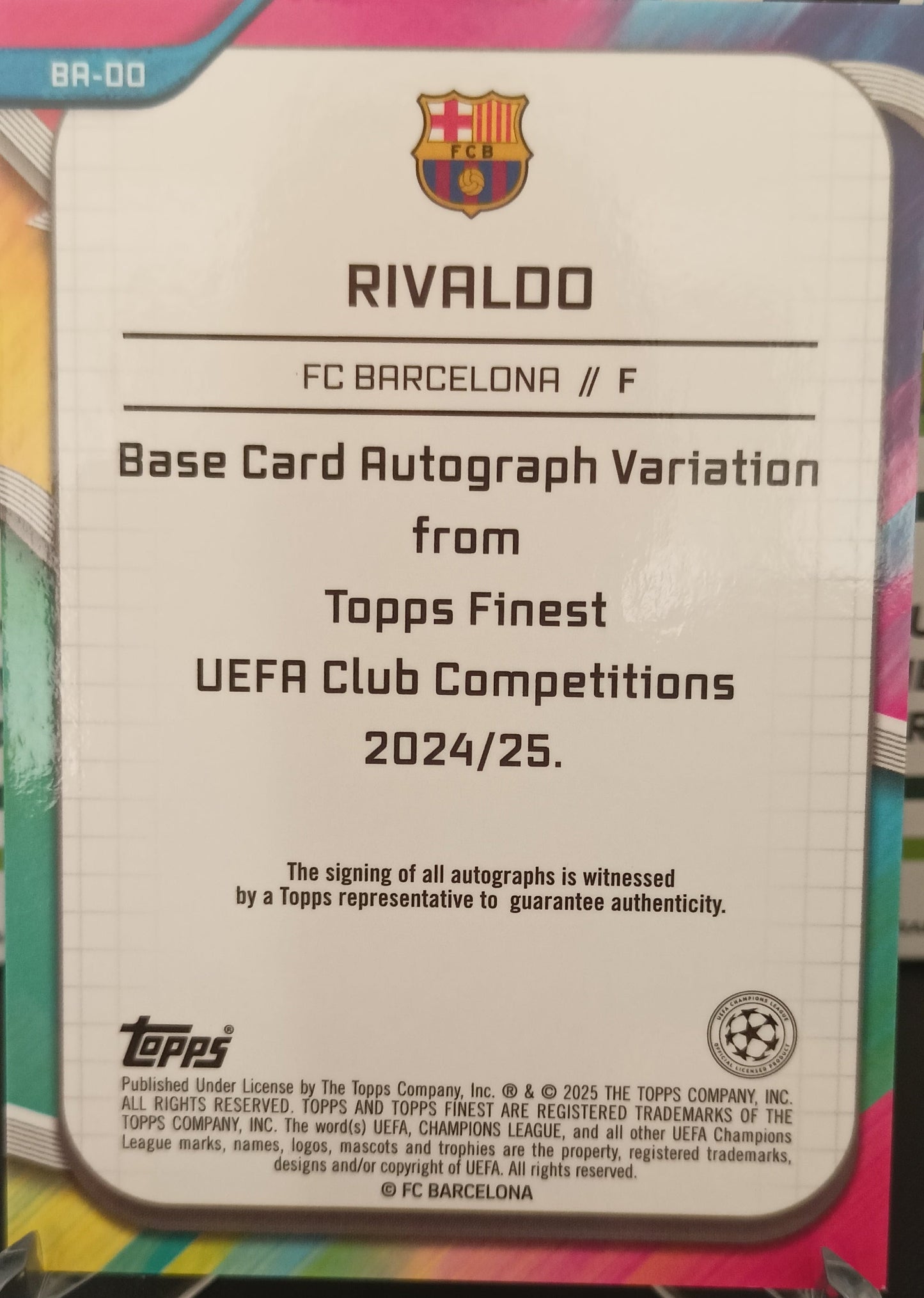 Rivaldo /25 Autógrafo Topps Finest 2024/25 FC Barcelona.
