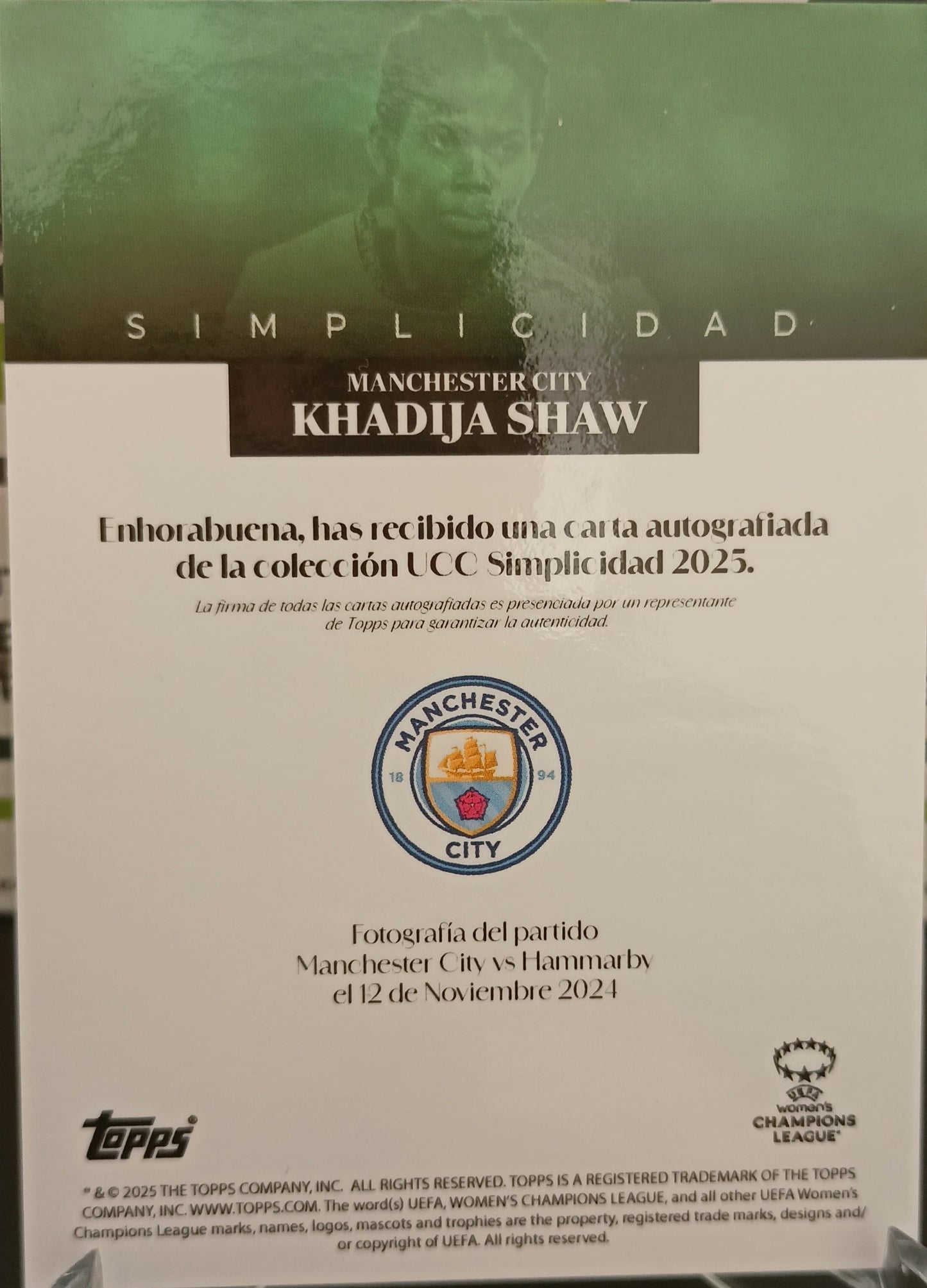 Khadija Shaw /99 Autógrafo Topps Simplicidad 2025 Manchester City