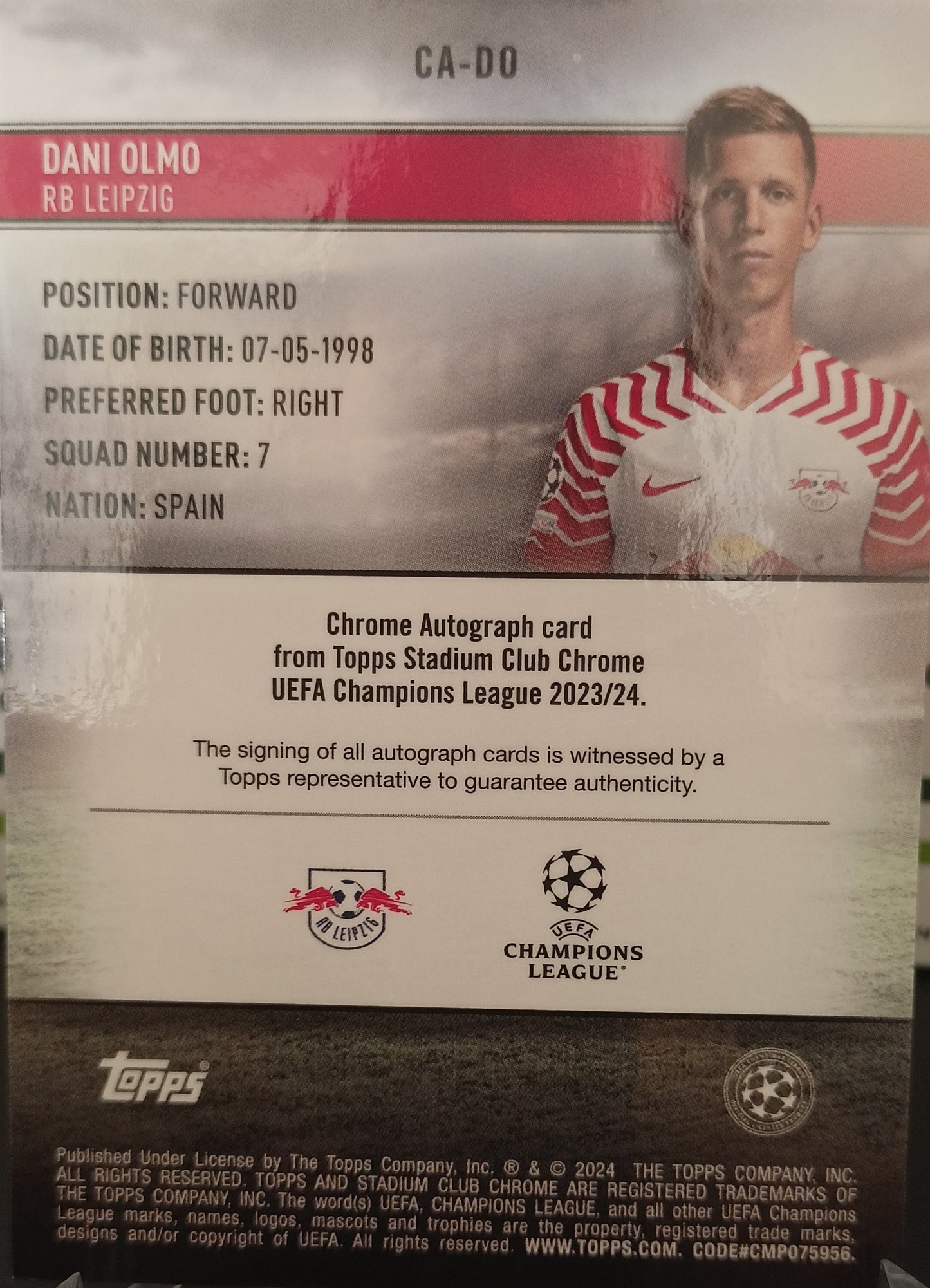 Dani Olmo /75 Autógrafo Topps Chrome Stadium 2024 RB Leipzig