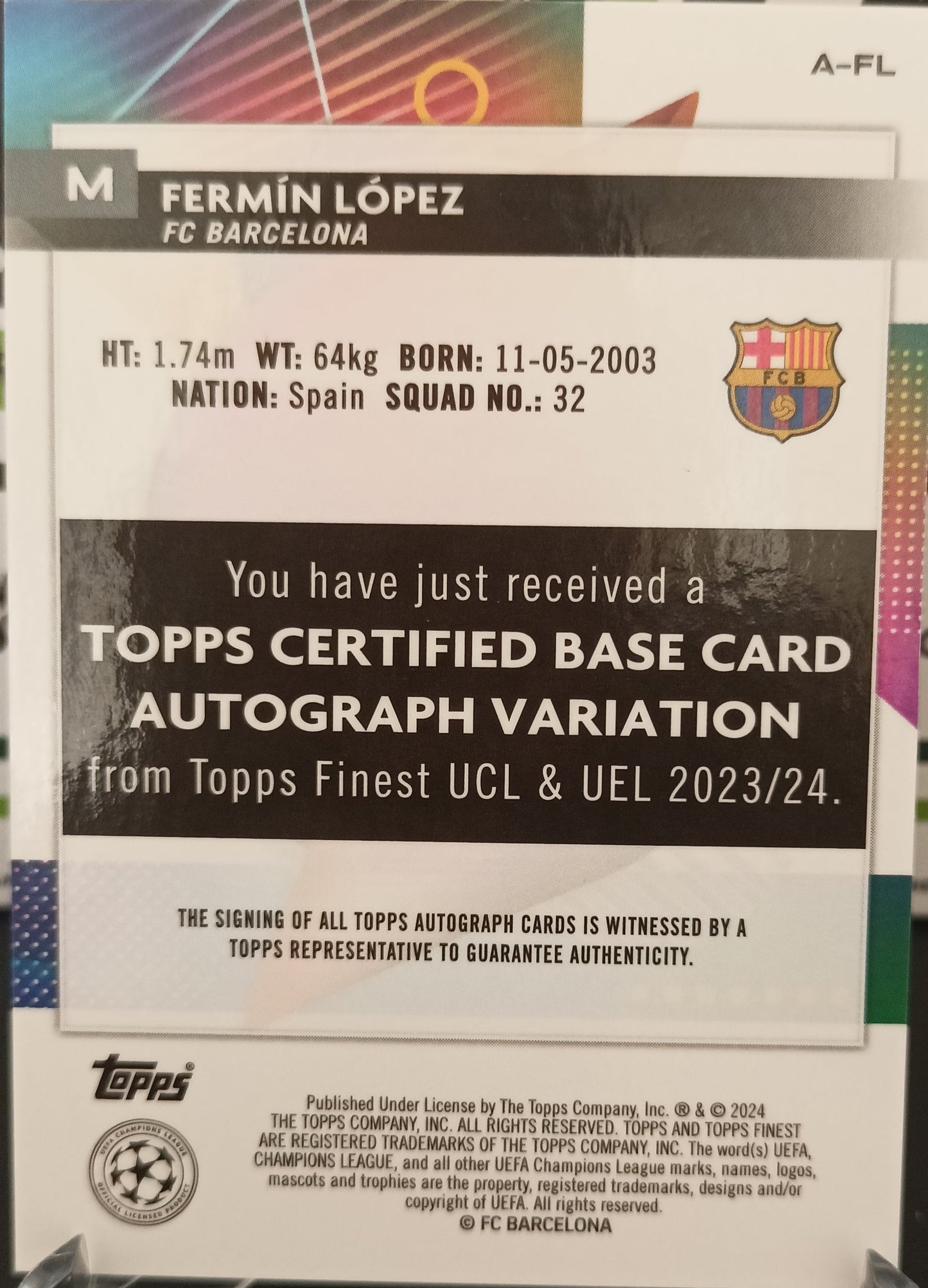 Fermín López /199 Rookie Autógrafo Topps Finest 2024 FC Barcelona