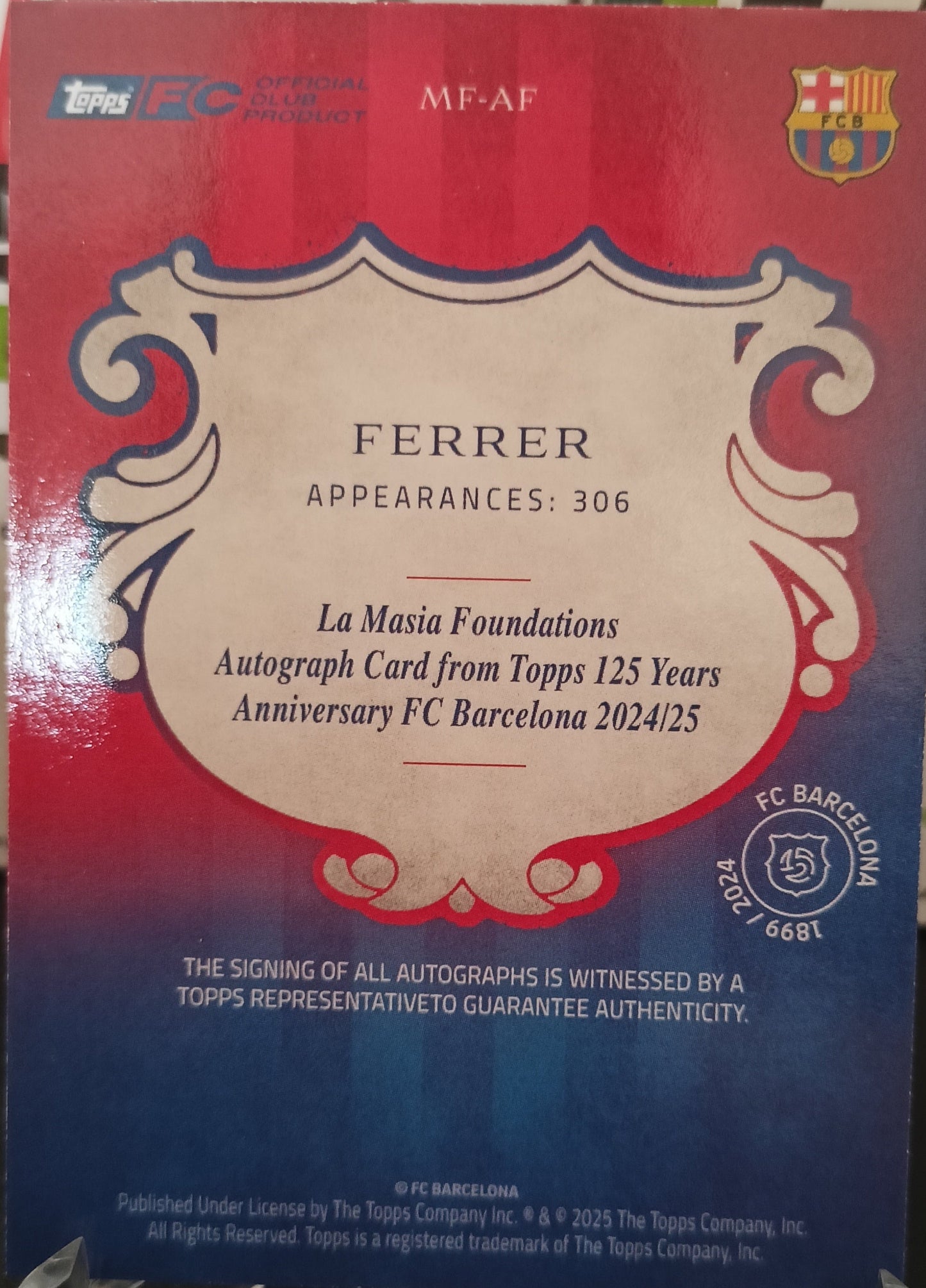 Ferrer /25 Autografo La Masia Topps 125 Aniversario FC Barcelona