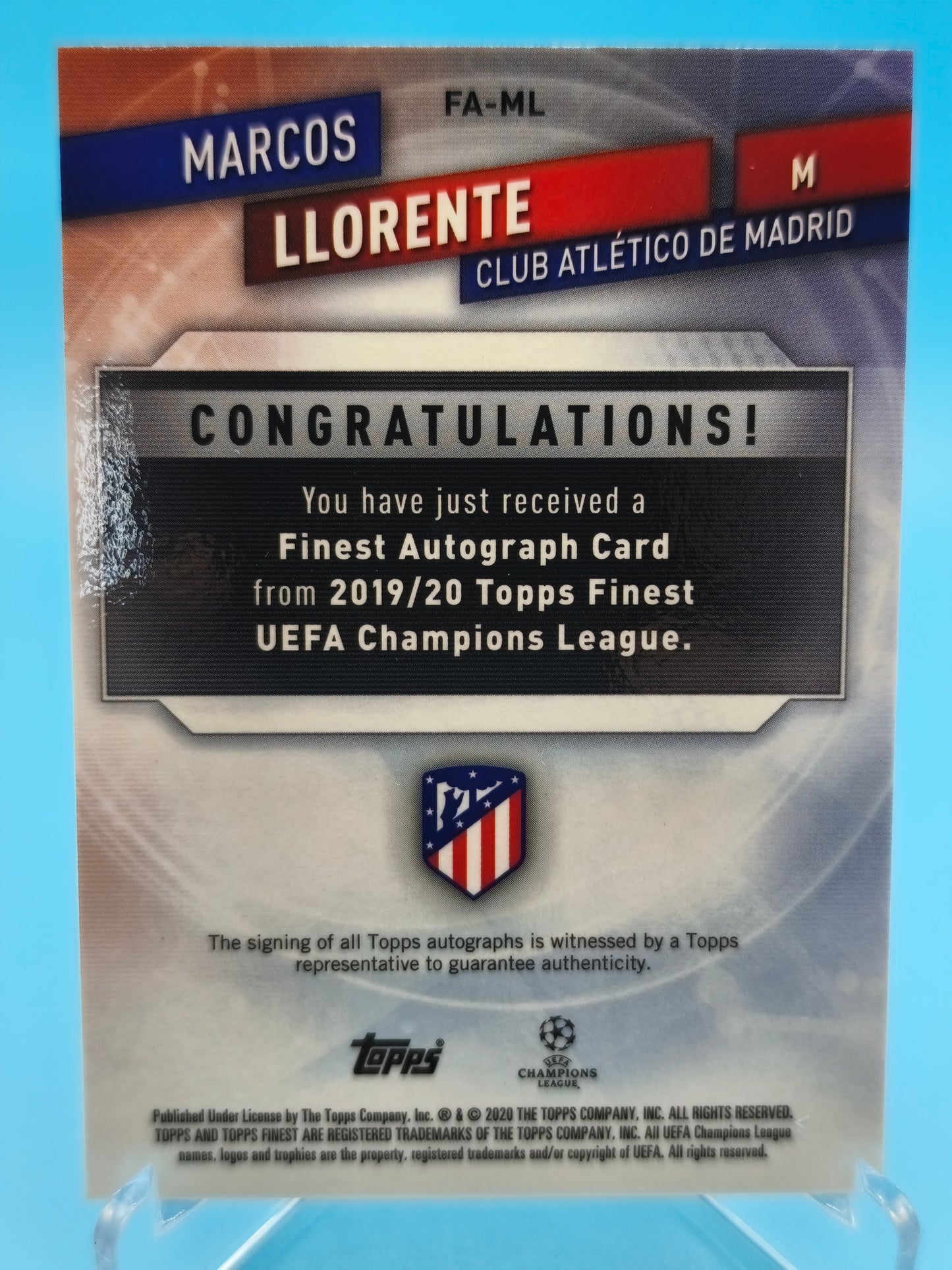 Marcos Llorente /99 autógrafo Topps Finest 2020