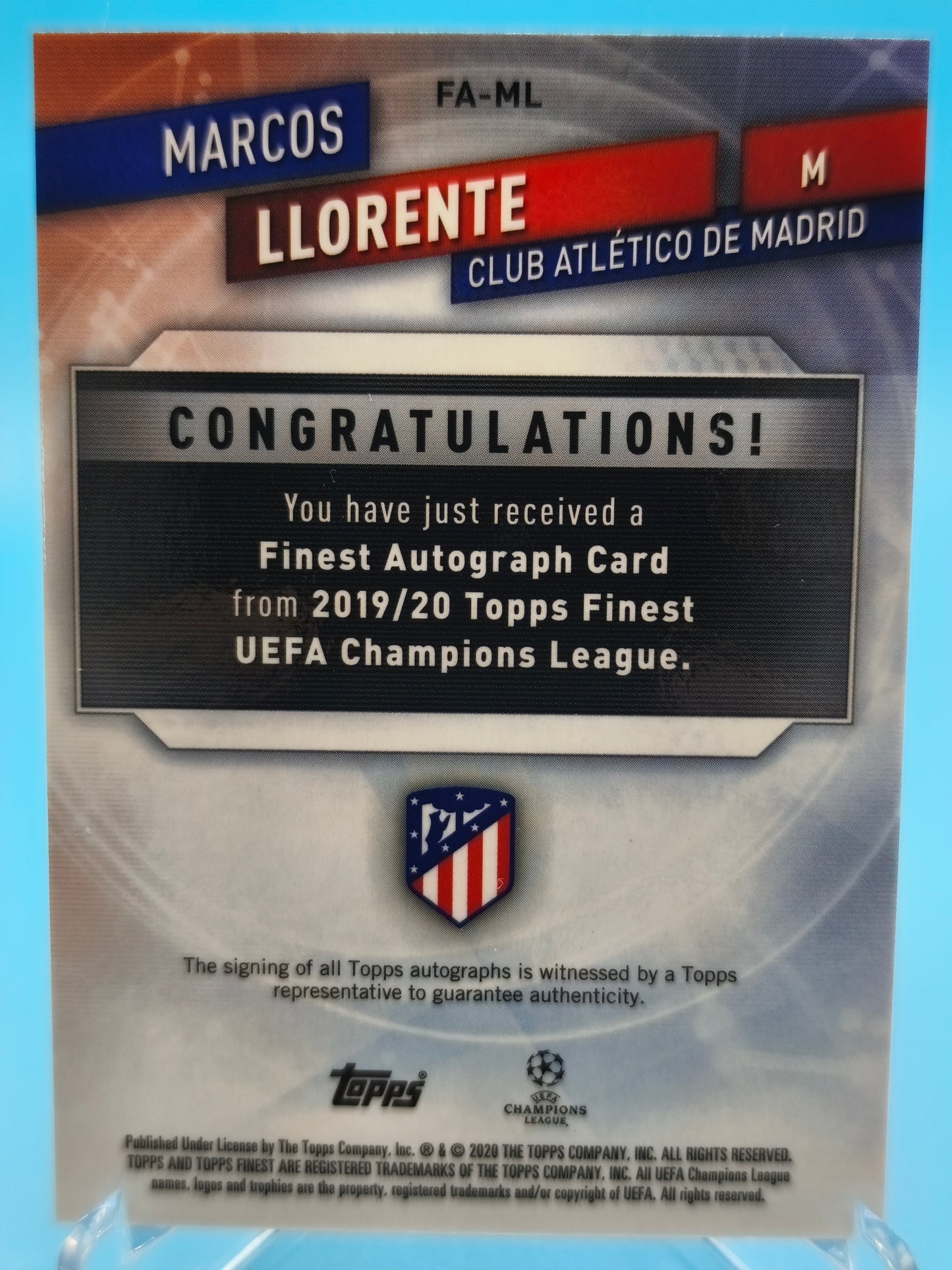 Marcos Llorente /50 autógrafo Topps Finest 2020
